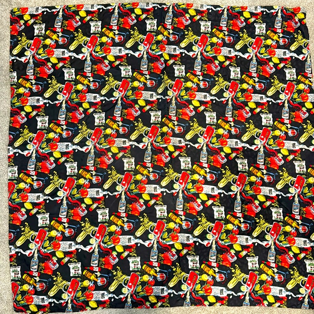 Nicole Miller large silk scarf, Absolut vodka Bloody Mary motif.